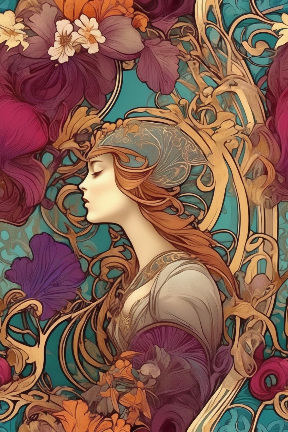 <lora:Alphonse Mucha Style:1>Alphonse Mucha Style - Generate an Art Nouveau pattern design in the style of Alphonse Mucha....